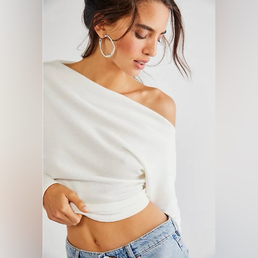Free People Off-Shoulder White Ribbed Crop Top